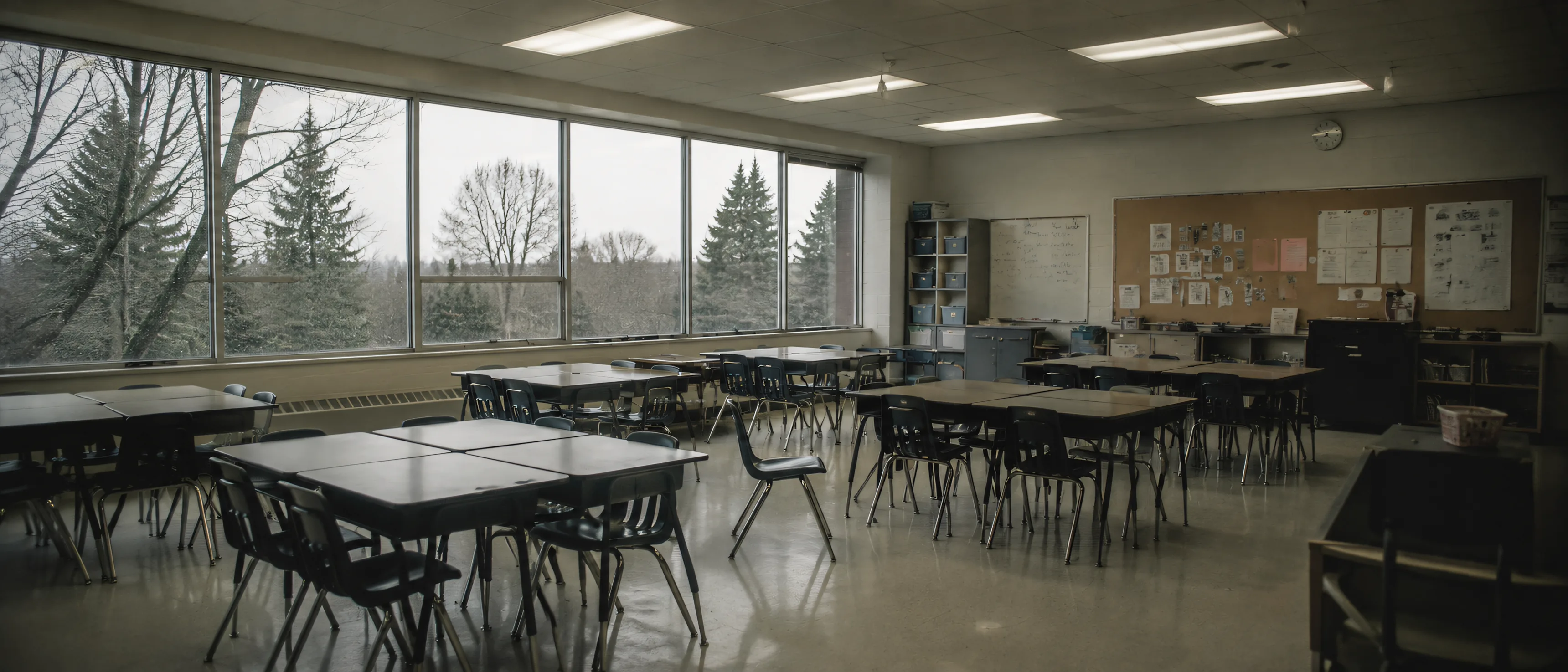 An empty elementary classroom late on an overcast afternoon, tables and stacked chairs, bare firs through a wall of windows.