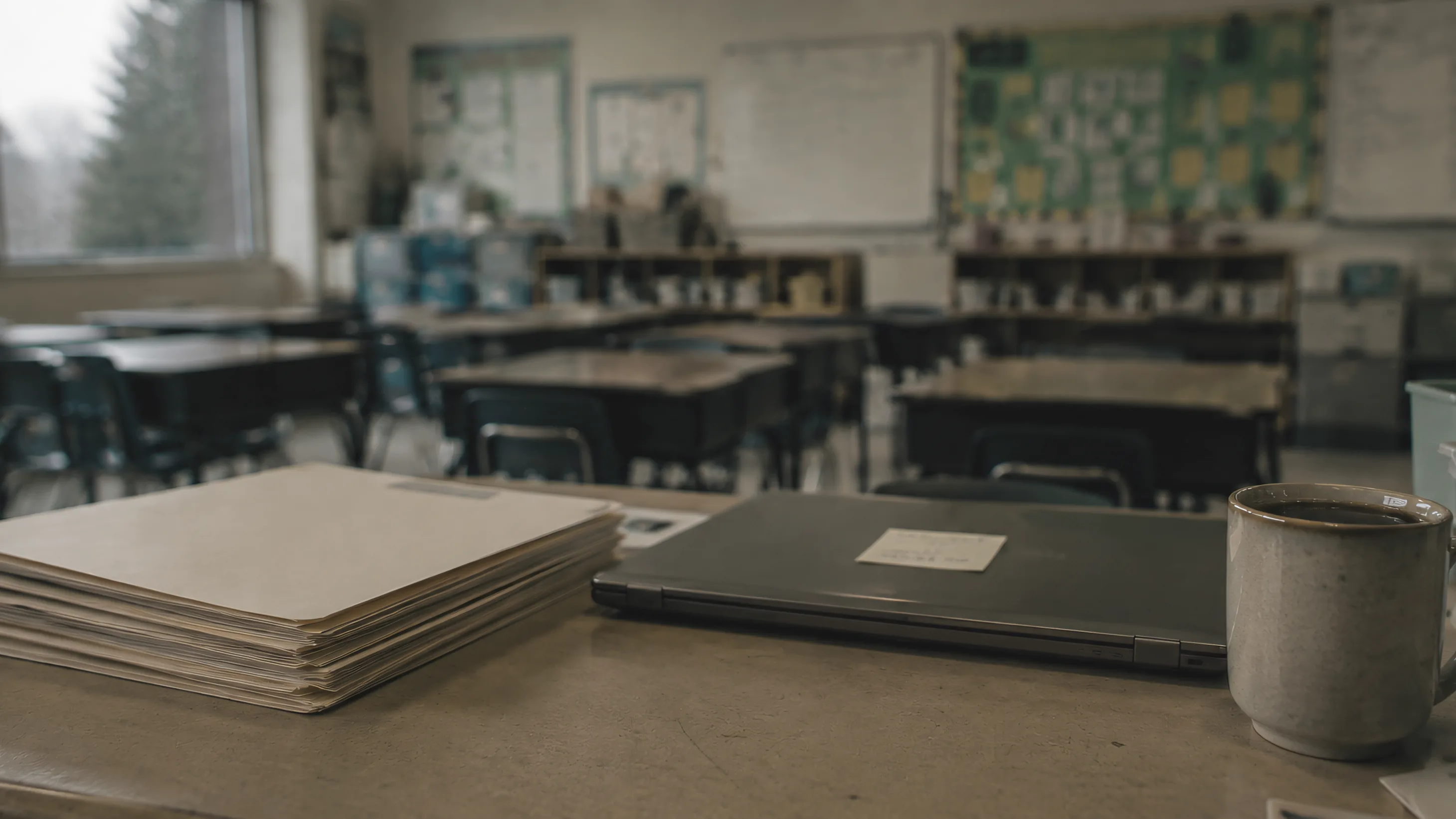 A teacher’s desk after the school day: a stack of manila folders, a closed laptop and a cold mug, with the empty classroom soft behind.