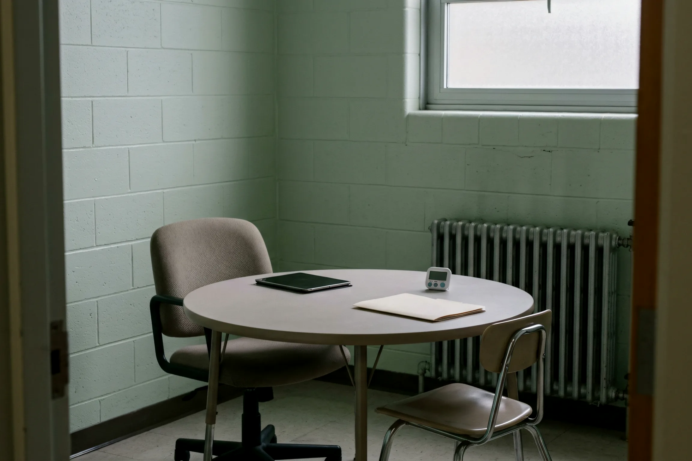 A small school assessment room photographed from the doorway: a round table with two empty chairs, a closed folder, high frosted window.