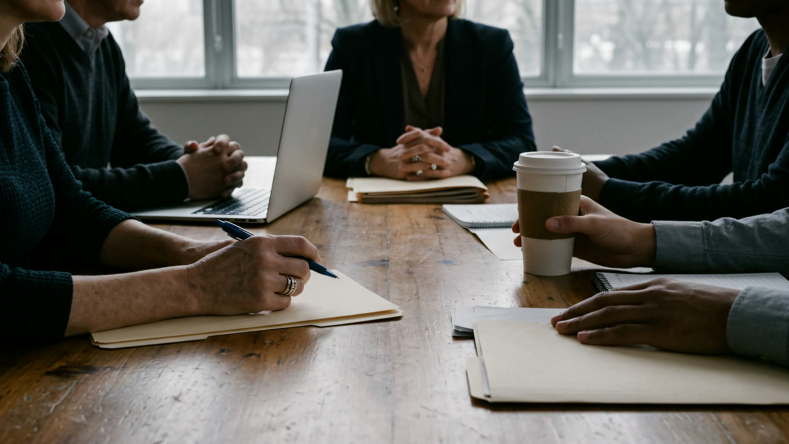 A school conference table at mid-meeting, framed at table height: hands on closed folders, a pen, a paper cup, no faces in frame.