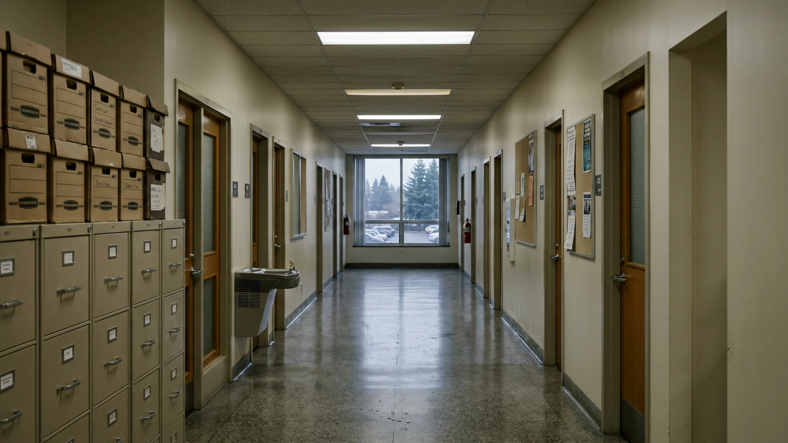 A district administration corridor photographed down its length: beige filing cabinets, banker’s boxes, fluorescent troffers, a window at the far end.