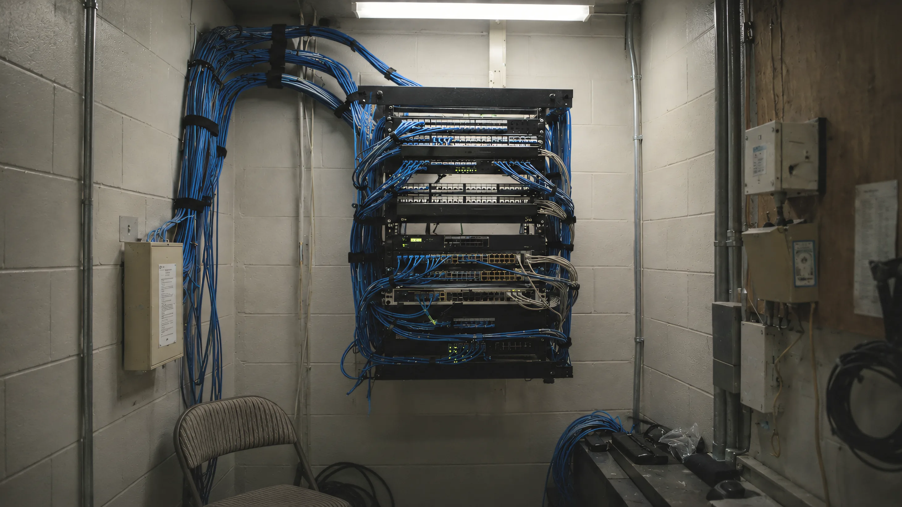 A school district network closet: a wall-mounted rack of patch panels and switches, bundled blue and gray cables, one folding chair.