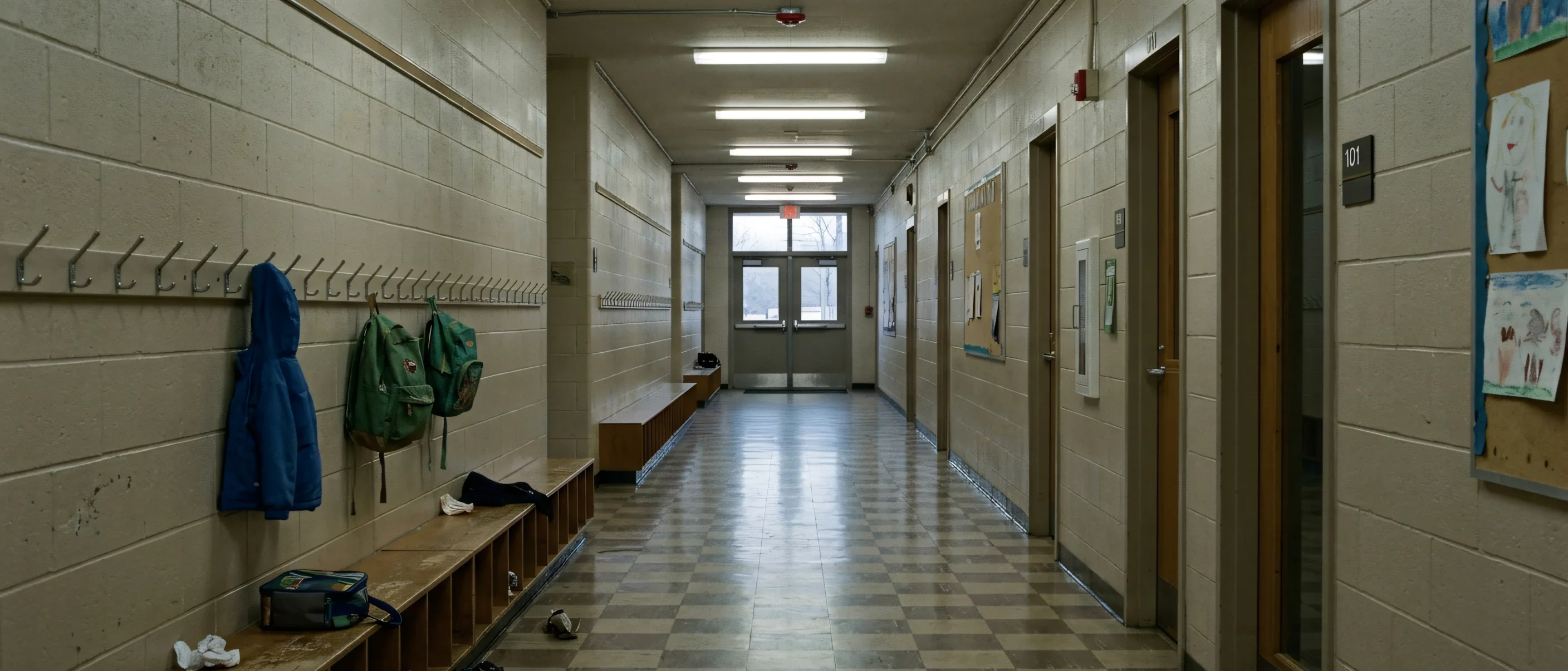 A school corridor wall of coat hooks at child height, a few forgotten coats, worn vinyl floor and daylight from a door at the end.
