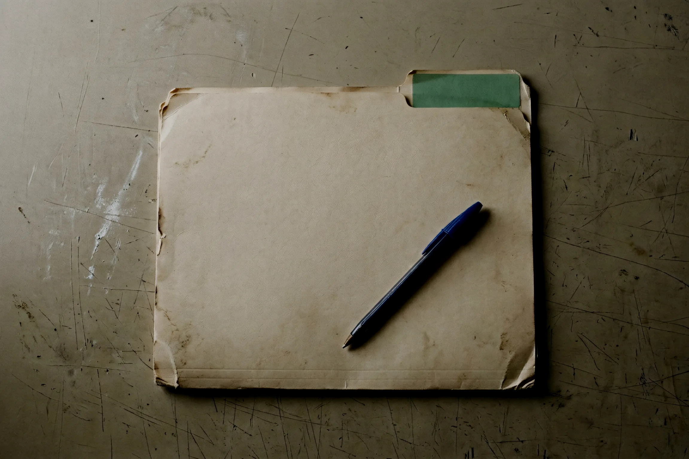 A single closed manila folder on a desk under flat daylight, its tab unlabeled, the surface otherwise bare.