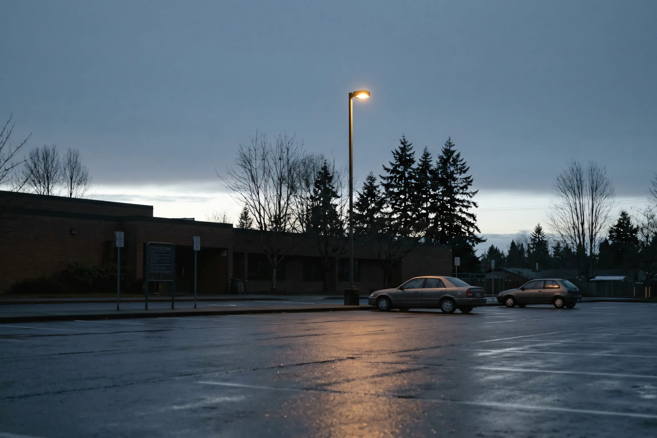 A school parking lot at dusk under a wet gray sky, empty marked bays and a low building behind.